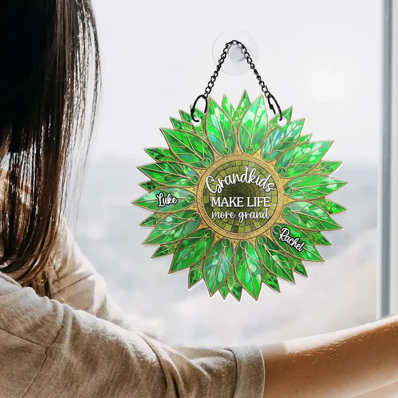 Grandkids Make Life Grand - Personalized Sunflower Window Hanging Suncatcher Ornament