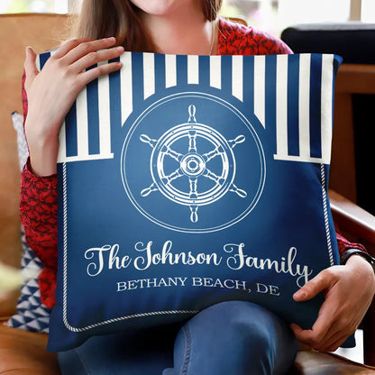 Custom coastal throw pillow with family name and nautical design for beach house decor
