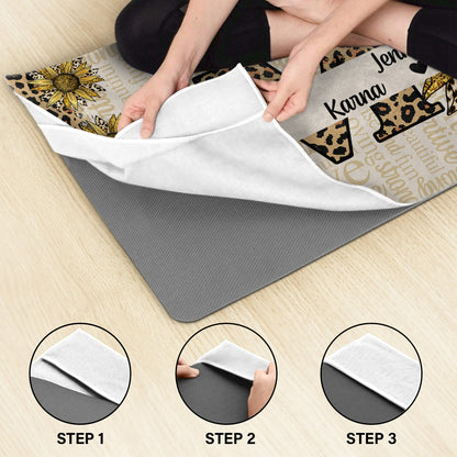 Personalized 'MOM: Strong & Kind' Sunflower Leopard Yoga Towel