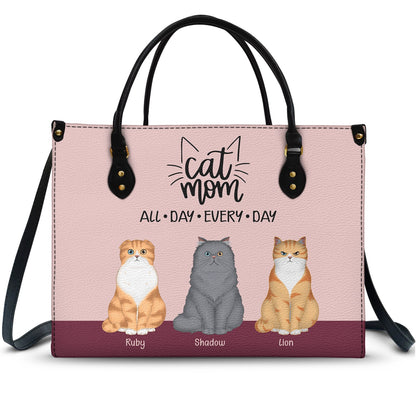 Personalized Cat Mom Leather Bag - Custom Pet Lover Tote "All Day Every Day"