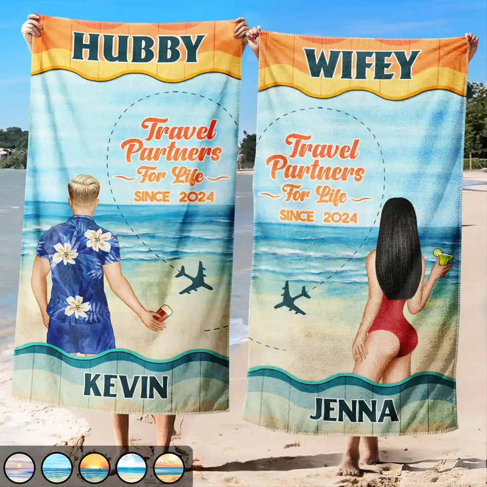 Personalized 'Travel Partners For Life' Beach Towel Set for Hubby & Wifey