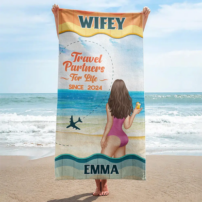 Personalized 'Travel Partners For Life' Beach Towel Set for Hubby & Wifey
