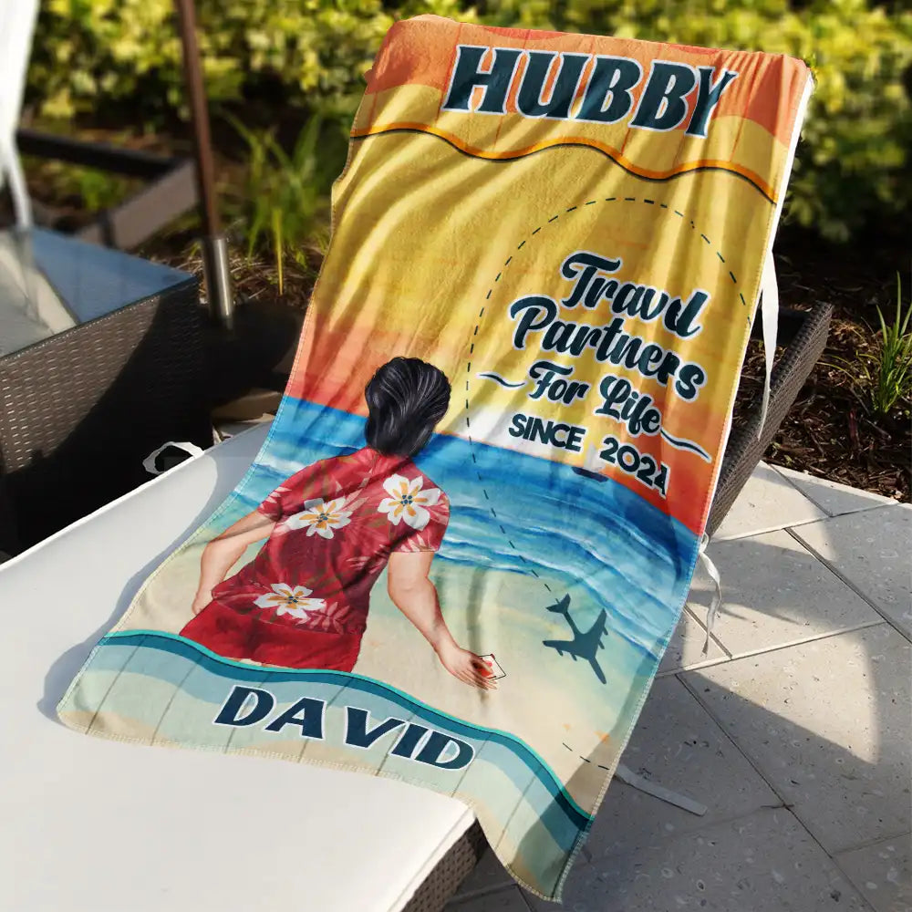 Personalized 'Travel Partners For Life' Beach Towel Set for Hubby & Wifey