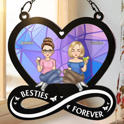 Cartoon Besties Forever Sitting Together - Personalized Window Hanging Suncatcher Ornament