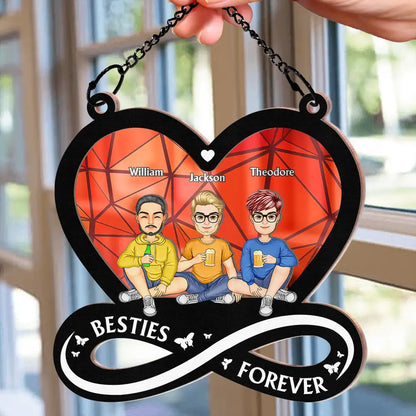 Cartoon Besties Forever Sitting Together - Personalized Window Hanging Suncatcher Ornament