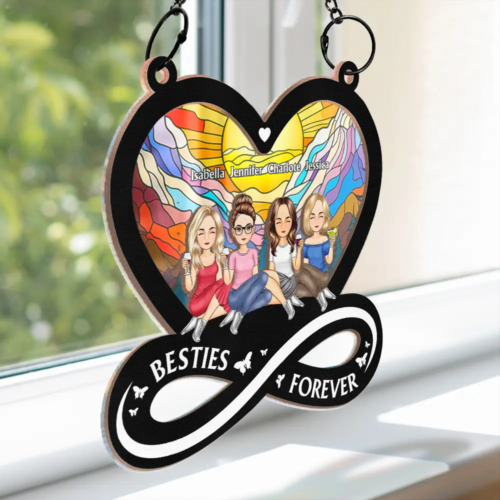 Cartoon Besties Forever Sitting Together - Personalized Window Hanging Suncatcher Ornament