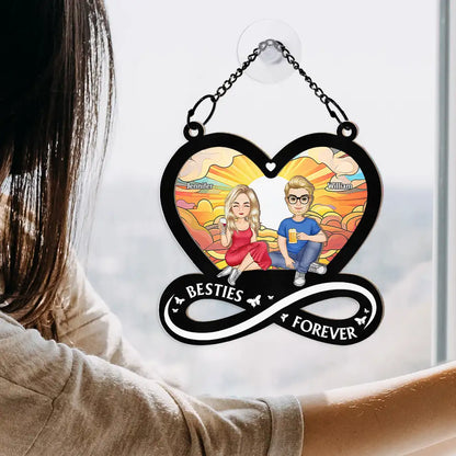 Cartoon Besties Forever Sitting Together - Personalized Window Hanging Suncatcher Ornament