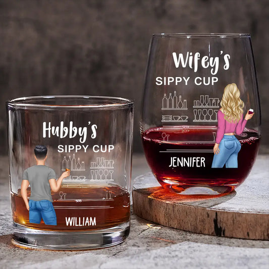 Gift For Couples,Gift For Husband,Gift For Wife,Gift For Boyfriend,Gift For Girlfriend,Happy - Couple Wifey Hubby's Sippy Cup - Personalized Combo Wine & Whiskey Glass
