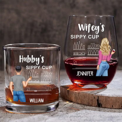 Gift For Couples,Gift For Husband,Gift For Wife,Gift For Boyfriend,Gift For Girlfriend,Happy - Couple Wifey Hubby's Sippy Cup - Personalized Combo Wine & Whiskey Glass
