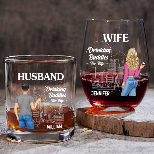 Gift For Couples, Gift For Husband, Gift For Wife, Gift For Boyfriend, Gift For Girlfriend - Husband & Wife Drinking Partners For Life - Personalized Combo Wine & Whiskey Glass