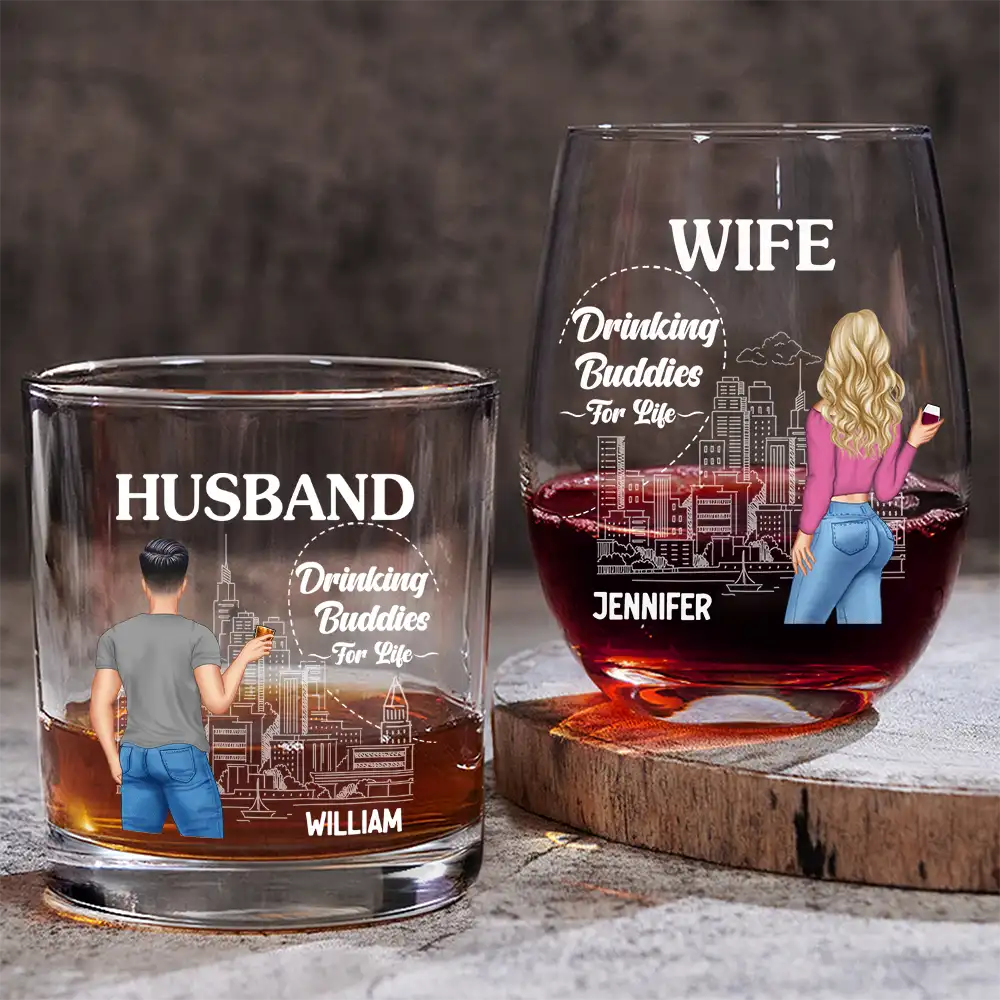 Gift For Couples, Gift For Husband, Gift For Wife, Gift For Boyfriend, Gift For Girlfriend - Husband & Wife Drinking Partners For Life - Personalized Combo Wine & Whiskey Glass