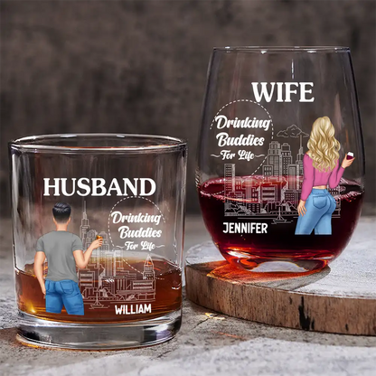Gift For Couples, Gift For Husband, Gift For Wife, Gift For Boyfriend, Gift For Girlfriend - Husband & Wife Drinking Partners For Life - Personalized Combo Wine & Whiskey Glass