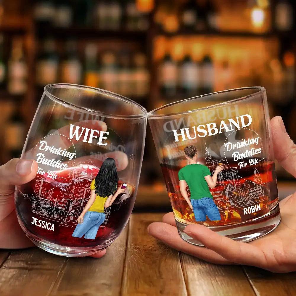 Gift For Couples, Gift For Husband, Gift For Wife, Gift For Boyfriend, Gift For Girlfriend - Husband & Wife Drinking Partners For Life - Personalized Combo Wine & Whiskey Glass
