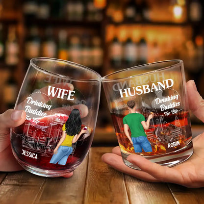 Gift For Couples, Gift For Husband, Gift For Wife, Gift For Boyfriend, Gift For Girlfriend - Husband & Wife Drinking Partners For Life - Personalized Combo Wine & Whiskey Glass