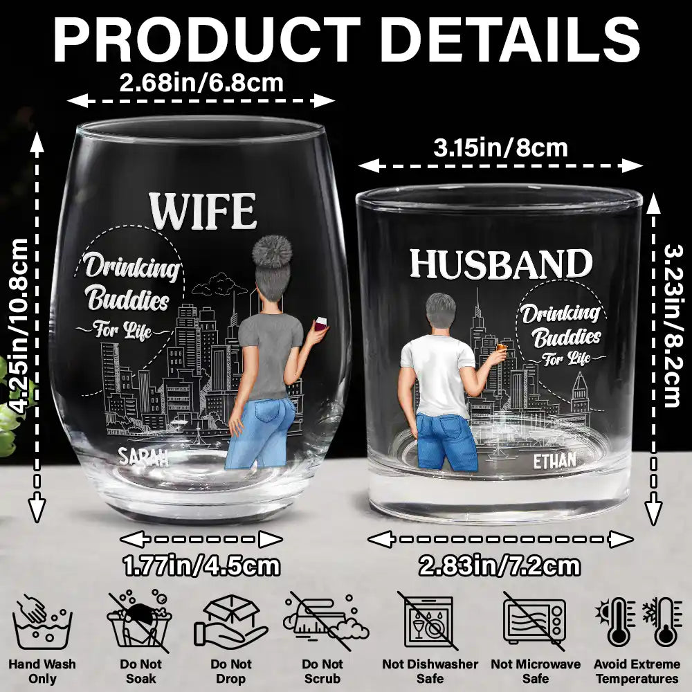Gift For Couples, Gift For Husband, Gift For Wife, Gift For Boyfriend, Gift For Girlfriend - Husband & Wife Drinking Partners For Life - Personalized Combo Wine & Whiskey Glass