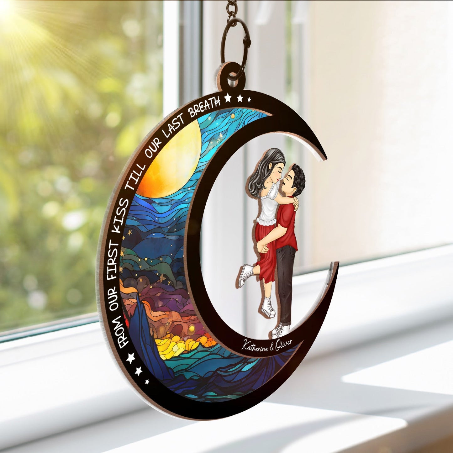 Chibi Side View I Love You To The Moon - Personalized Window Hanging Suncatcher Ornament