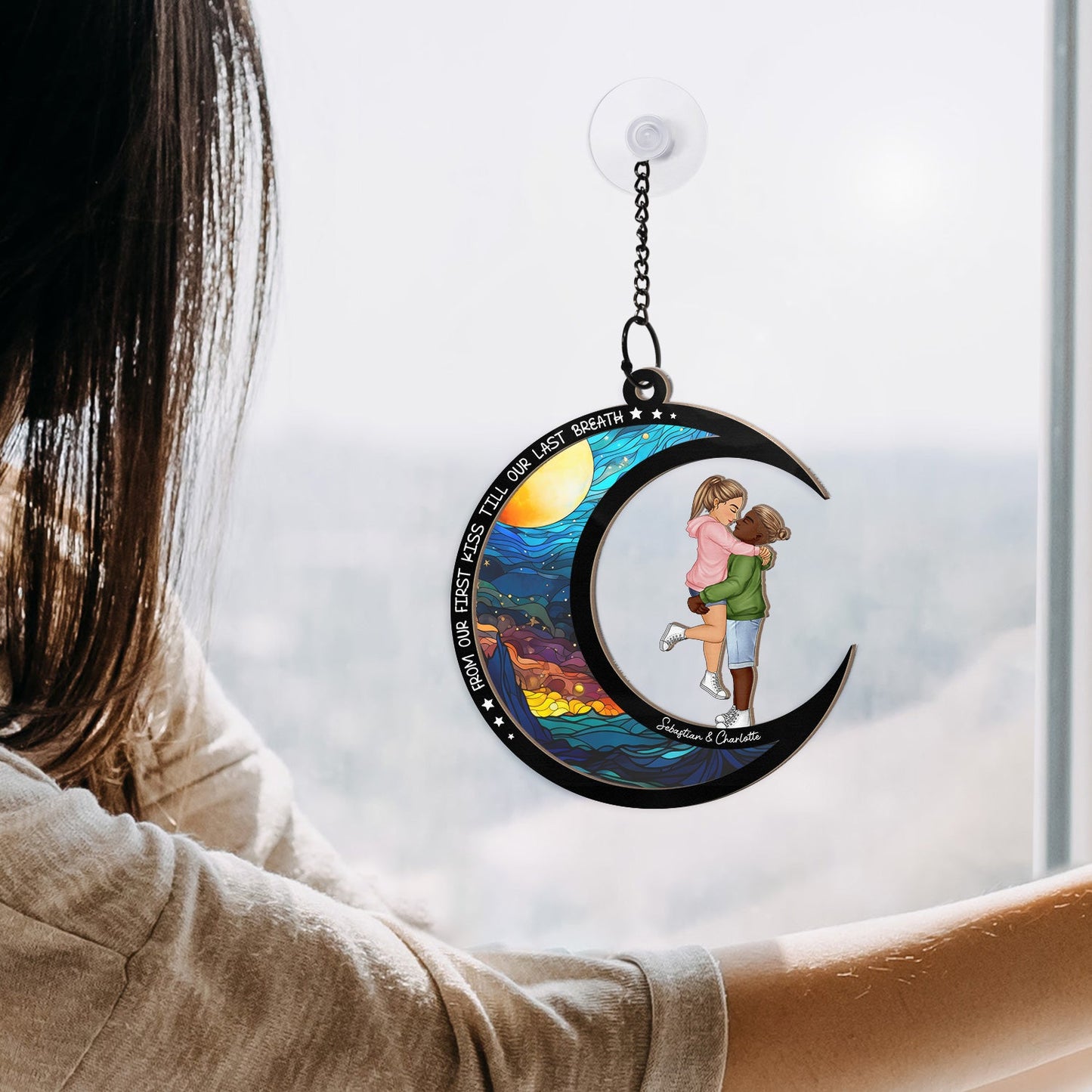 Chibi Side View I Love You To The Moon - Personalized Window Hanging Suncatcher Ornament