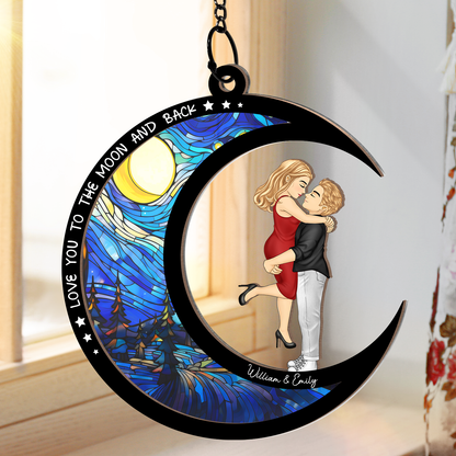 Chibi Side View I Love You To The Moon - Personalized Window Hanging Suncatcher Ornament