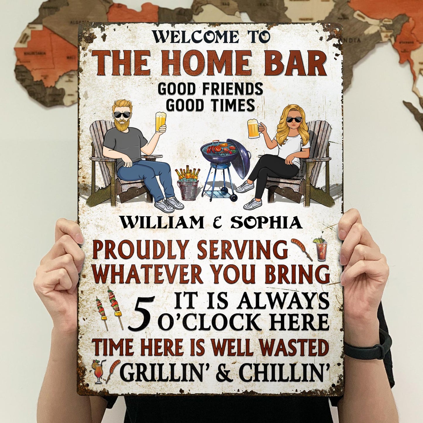 Welcome To Our Patio Proudly Serving Whatever You Bring Couple Husband Wife - Backyard Sign - Personalized Custom Classic Metal Signs