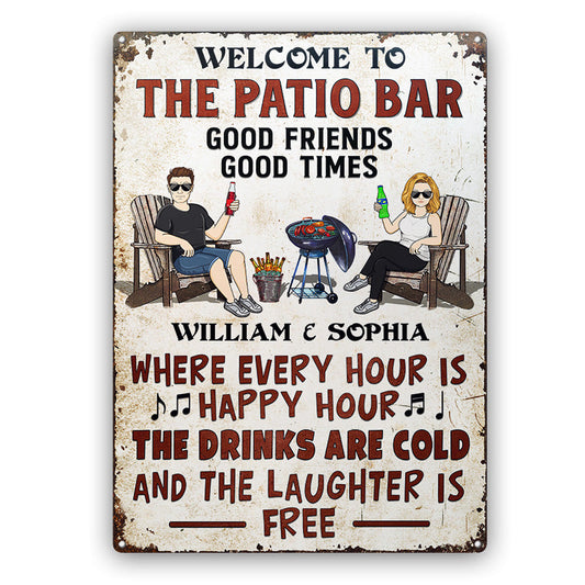 Custom Patio Happy Hour Metal Sign for Couples with personalized design details for meaningful gifting