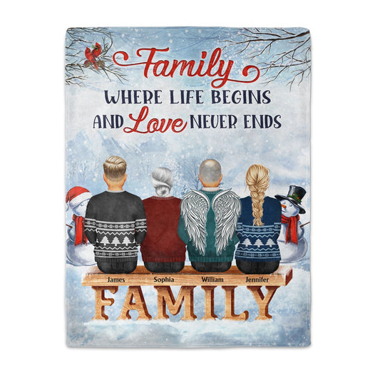 Family Where Life Begins And Love Never Ends - Personalized Custom Christmas Keepsake Blanket