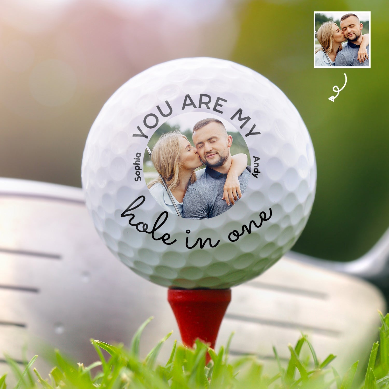 Custom photo golf ball with "You Are My Hole in One" text, a personalized golf gift for husband or dad.