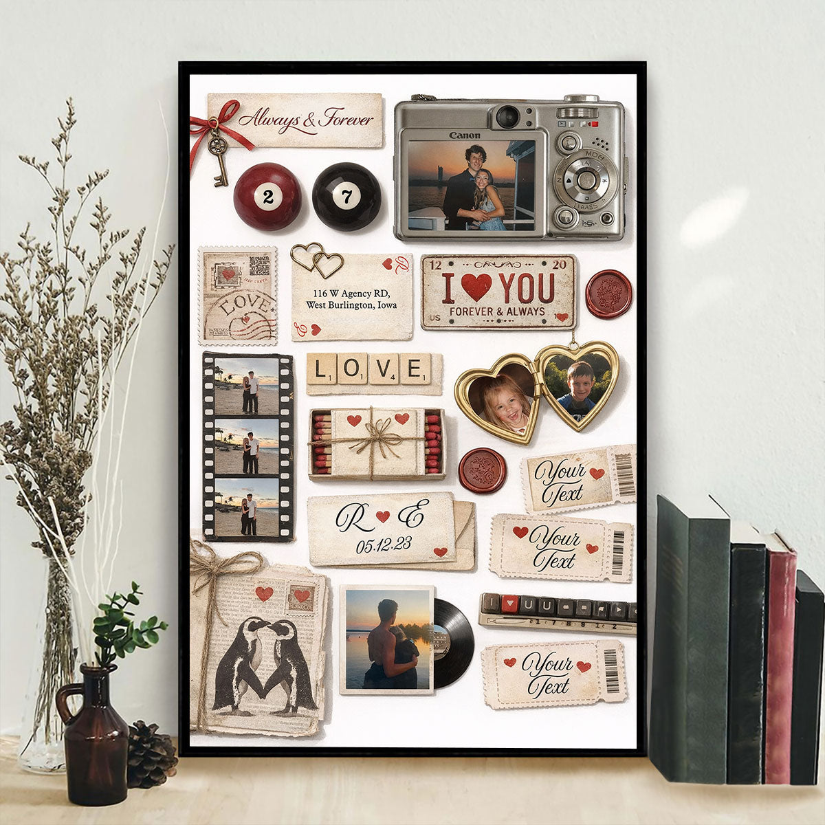 Personalized Custom Couple Matchbook Romantic Love Collage Poster / Canvas - Sentimental Gift For Couples