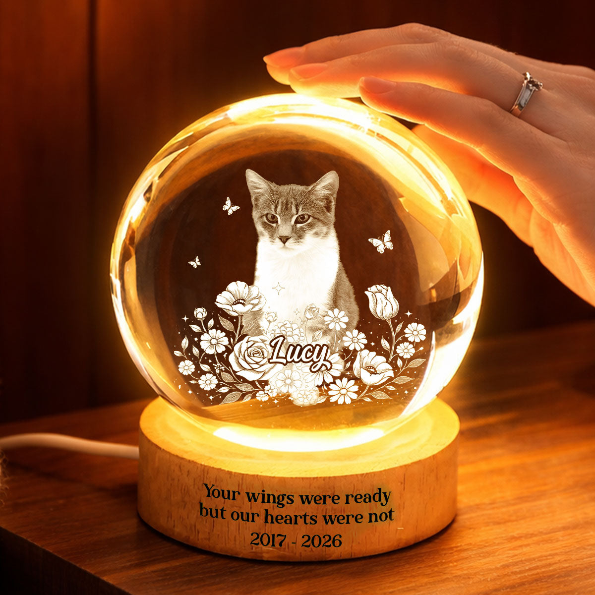 Custom Pet Portrait Crystal Ball LED Night Light - Personalized Memorial Gift for Pet Lovers