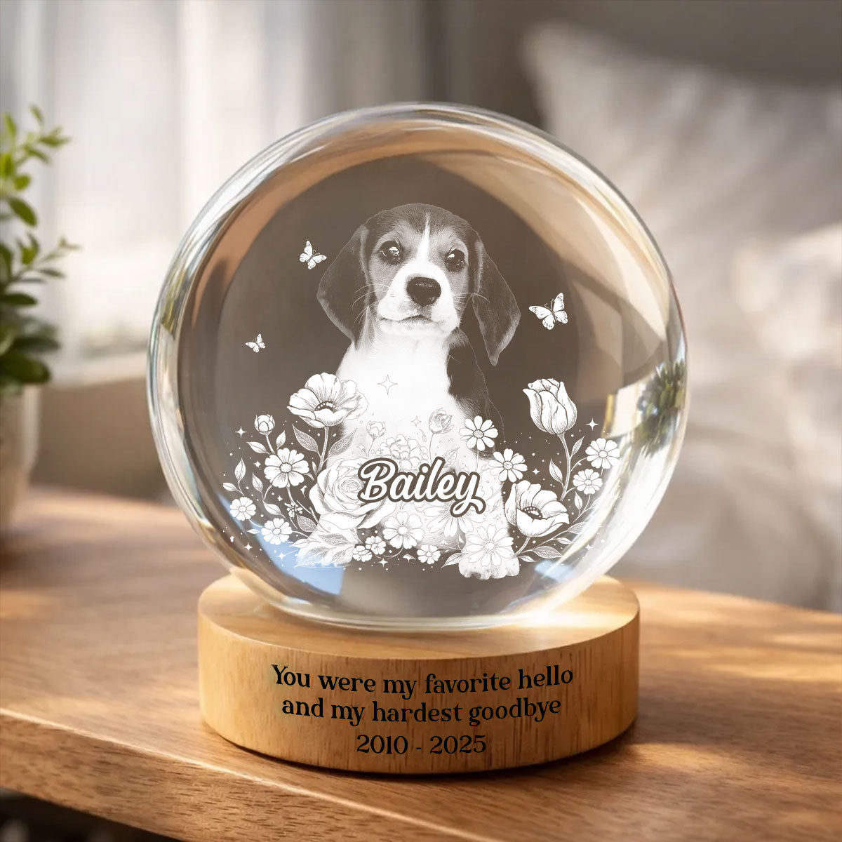 Custom Pet Portrait Crystal Ball LED Night Light - Personalized Memorial Gift for Pet Lovers