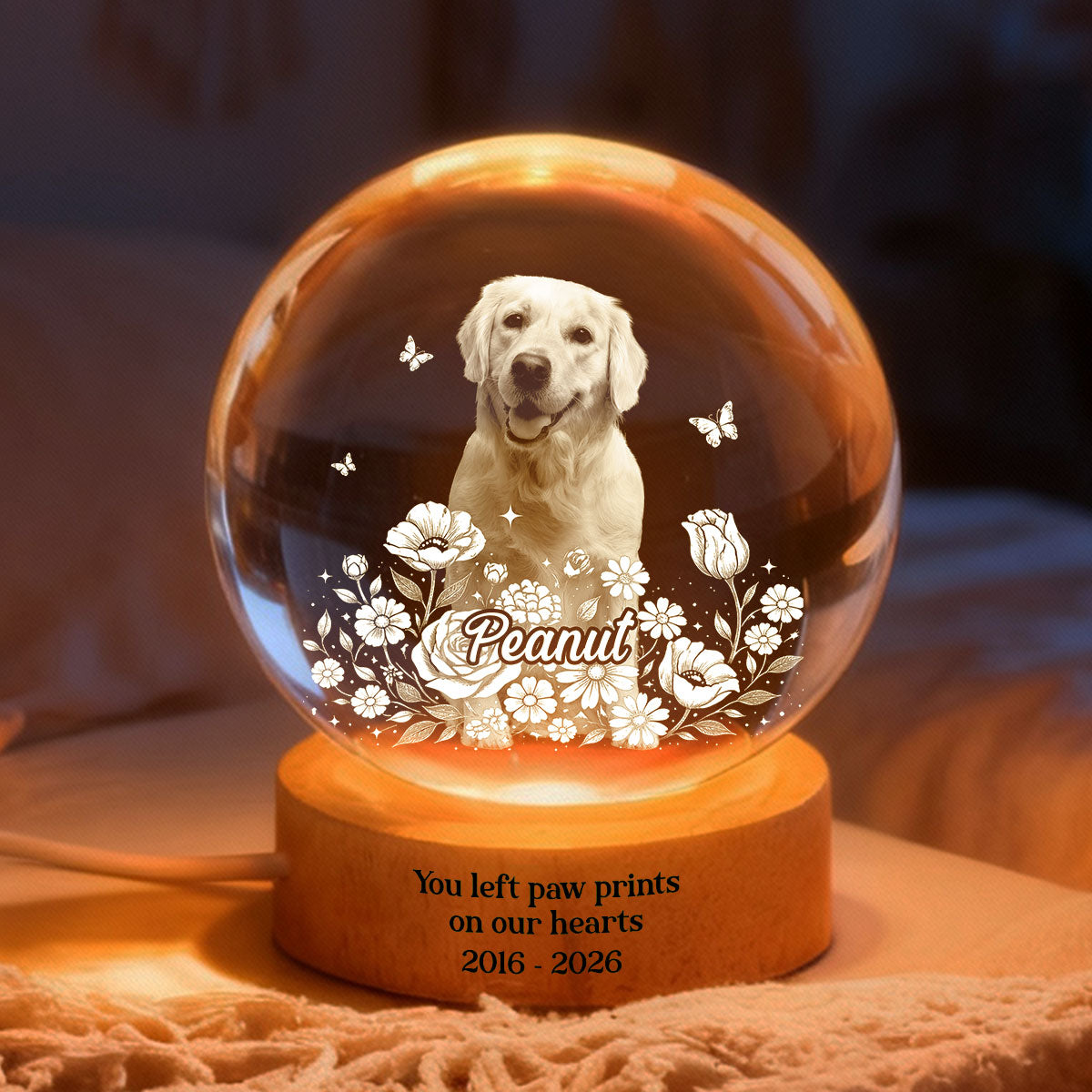 Custom Pet Portrait Crystal Ball LED Night Light - Personalized Memorial Gift for Pet Lovers