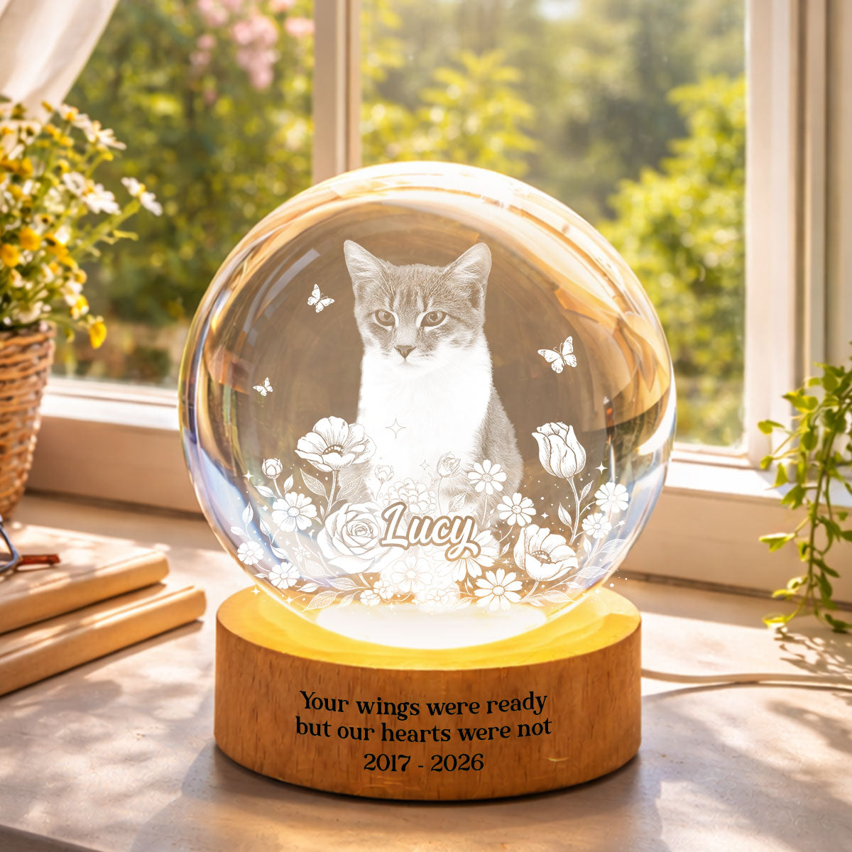 Custom Pet Portrait Crystal Ball LED Night Light - Personalized Memorial Gift for Pet Lovers