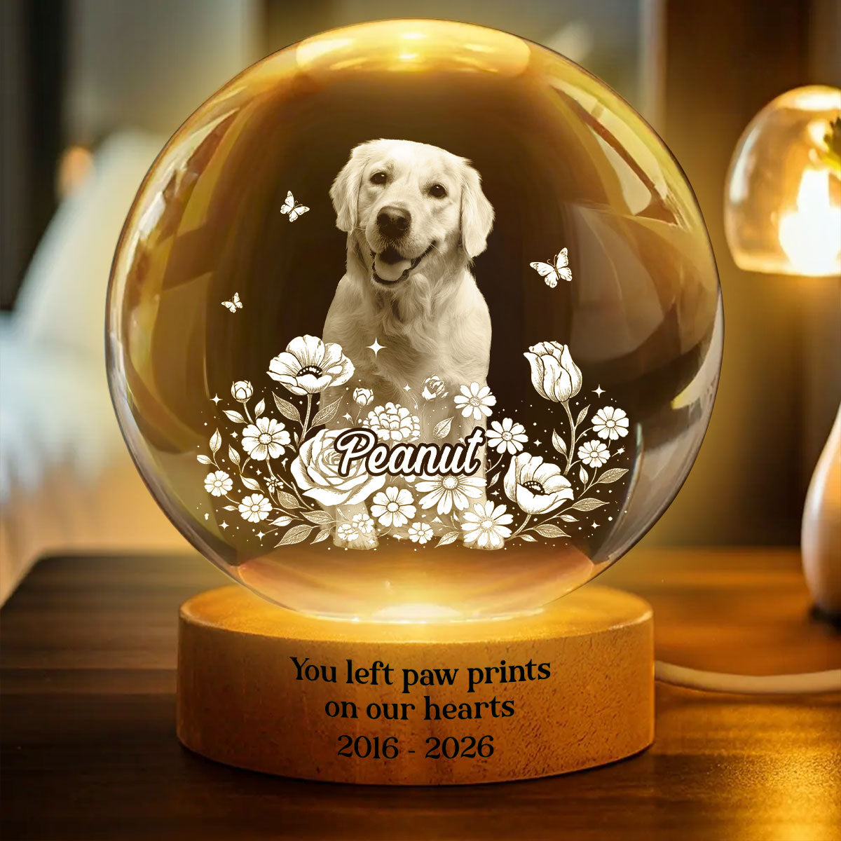 Custom Pet Portrait Crystal Ball LED Night Light - Personalized Memorial Gift for Pet Lovers