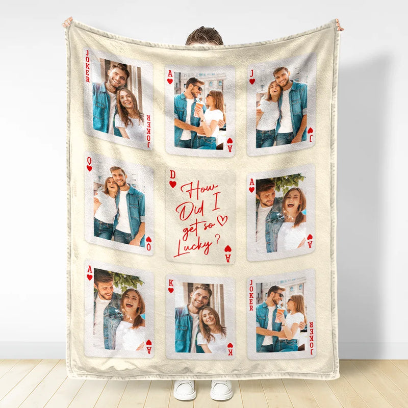 Lucky In Love - Personalized Custom Playing Card Couple Photo Blanket