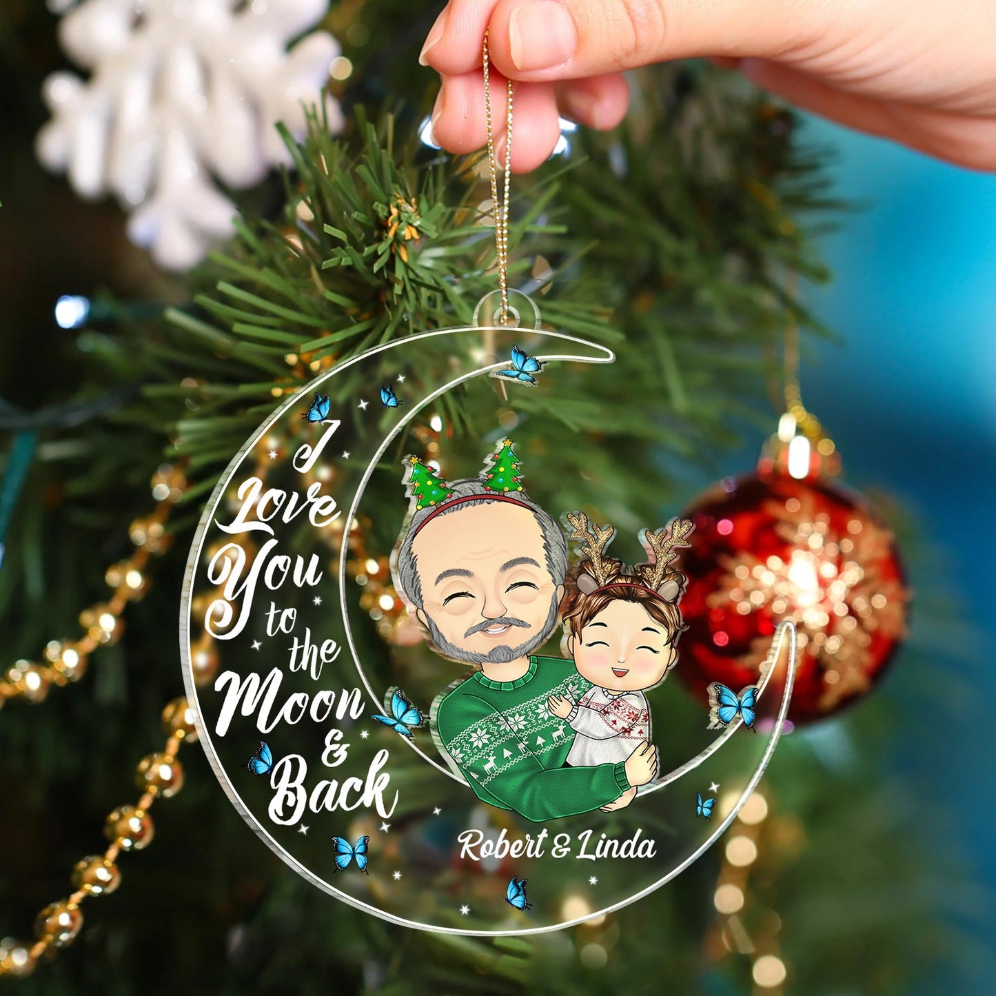 I Love You To The Moon And Back Papa, Nana Chibi - Christmas Gift For Grandparents - Personalized Cutout Acrylic Ornament