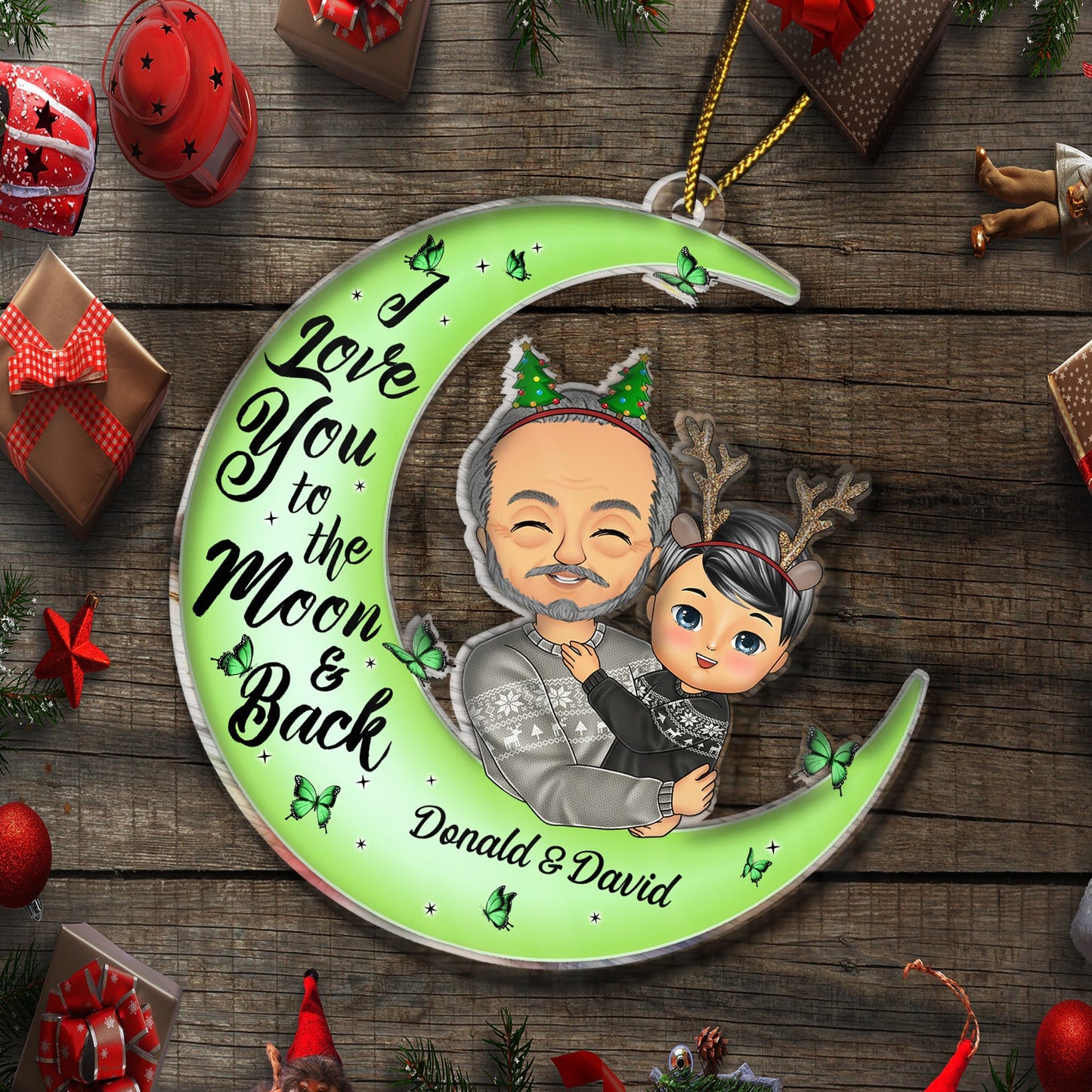 I Love You To The Moon And Back Papa, Nana Chibi - Christmas Gift For Grandparents - Personalized Cutout Acrylic Ornament