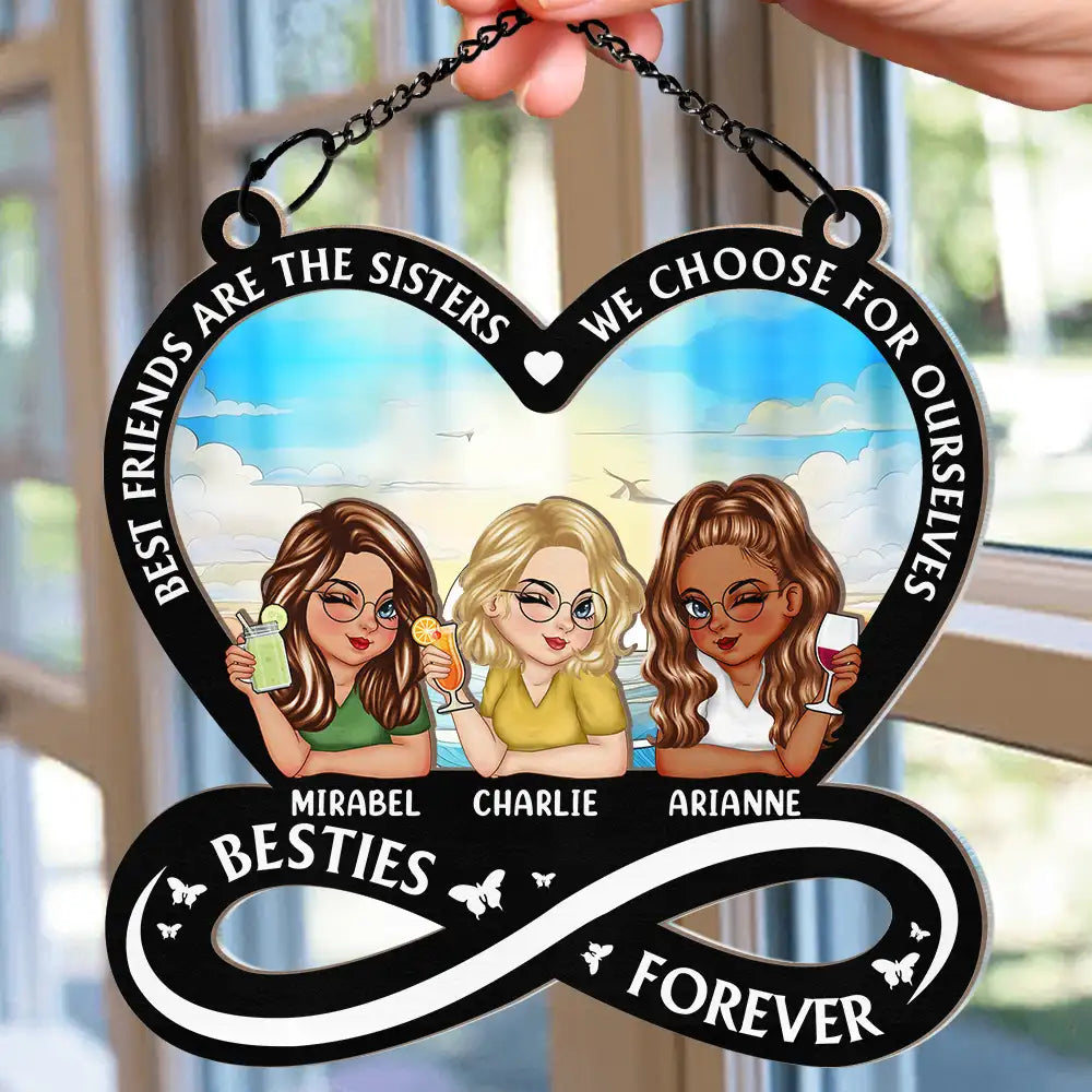 Not Sisters By Blood But Sisters By Heart Cartoon Woman - Personalized Window Hanging Suncatcher Ornament