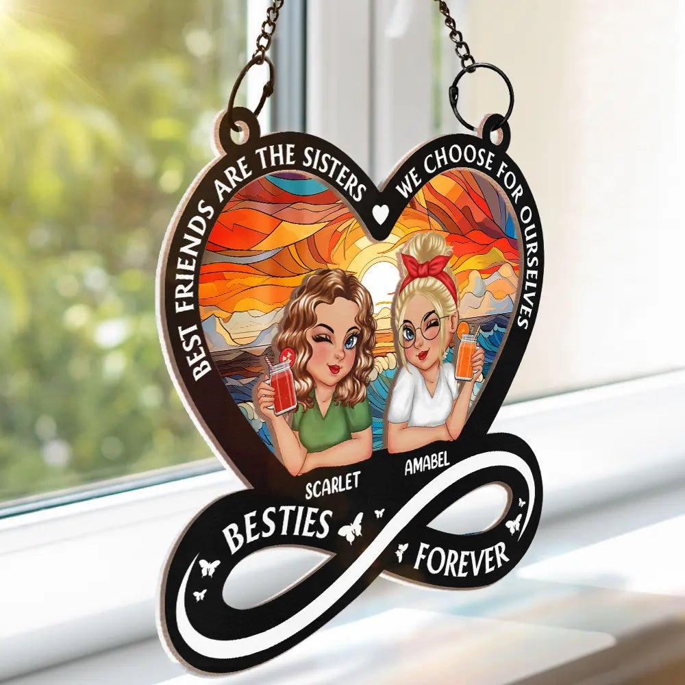 Not Sisters By Blood But Sisters By Heart Cartoon Woman - Personalized Window Hanging Suncatcher Ornament