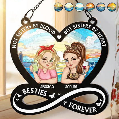 Not Sisters By Blood But Sisters By Heart Cartoon Woman - Personalized Window Hanging Suncatcher Ornament