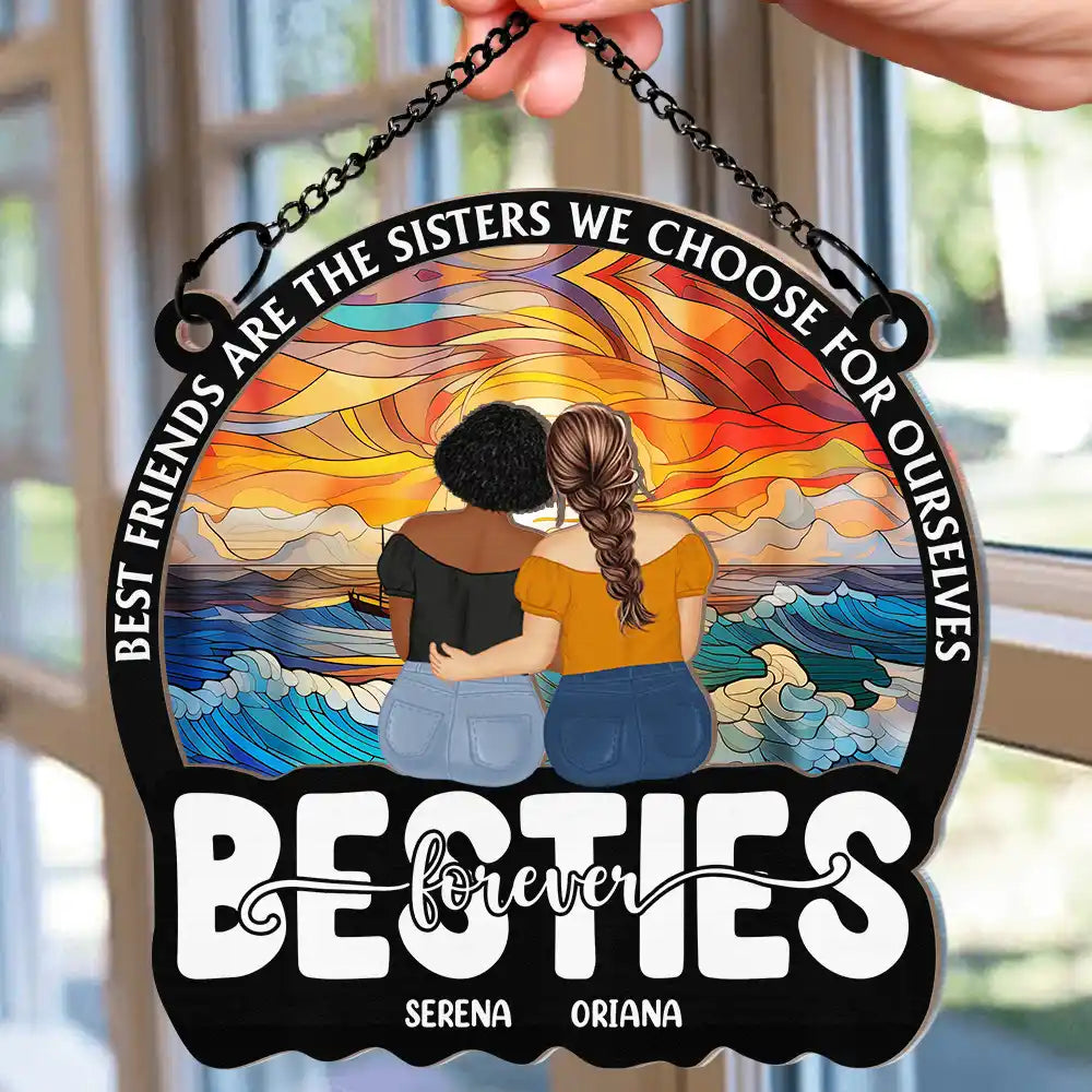 Besties Forever Sisters By Heart - Personalized Window Hanging Suncatcher Ornament