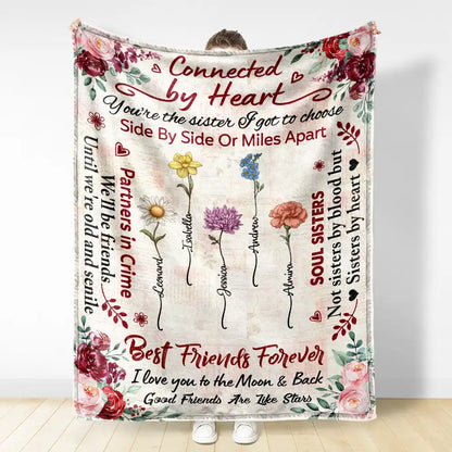 Gift For Bestie - Birth Flower Besties Connected By Heart - Personalized Fleece Blanket, Sherpa Blanket