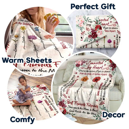 Gift For Bestie - Birth Flower Besties Connected By Heart - Personalized Fleece Blanket, Sherpa Blanket