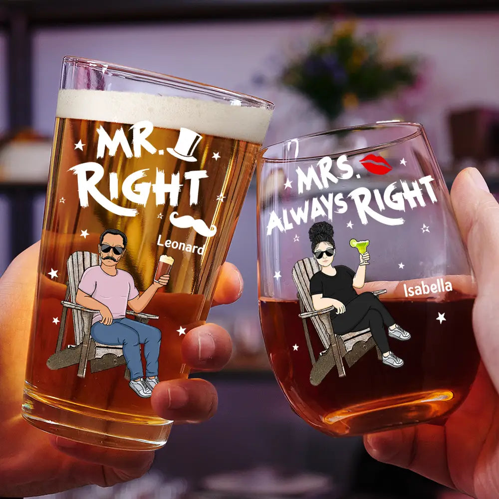 Gift For Couples,Gift For Mother,Gift For Father,Happy - Couple Mr Right Mrs Always Right - Personalized Combo Wine & Beer Glass
