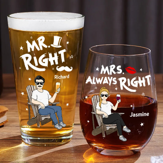 Gift For Couples,Gift For Mother,Gift For Father,Happy - Couple Mr Right Mrs Always Right - Personalized Combo Wine & Beer Glass