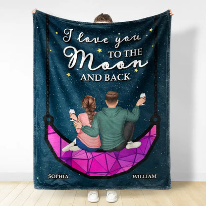 Couple I Love You To The Moon & Back - Personalized Fleece Blanket, Sherpa Blanket