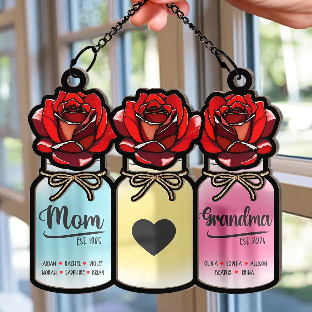 Flower Mason Jar Mom, Grandma, Great Grandma - Personalized Window Suncatcher Ornament