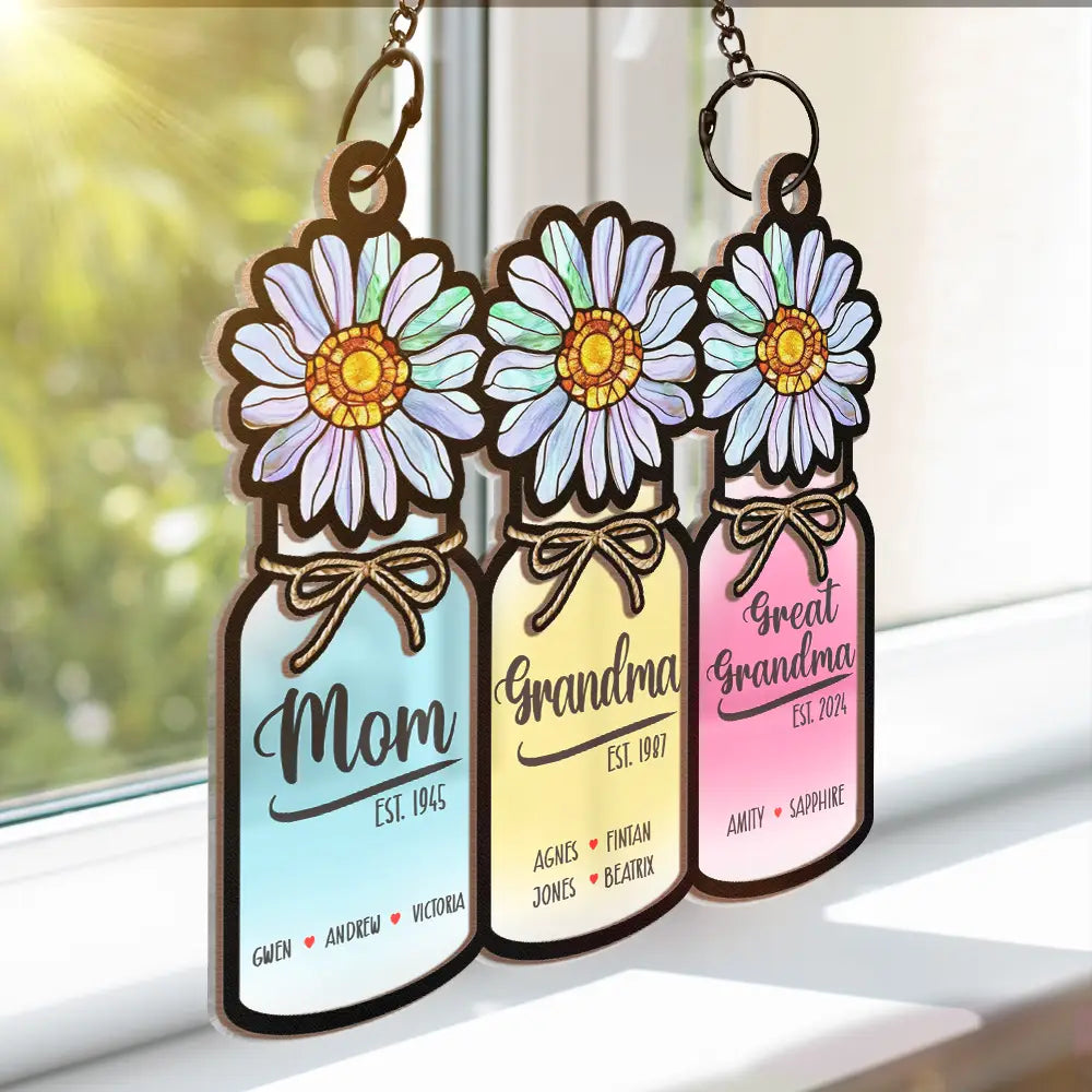 Flower Mason Jar Mom, Grandma, Great Grandma - Personalized Window Suncatcher Ornament