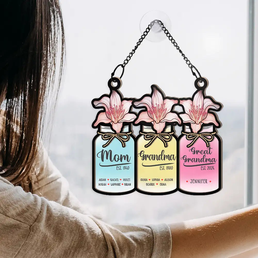 Flower Mason Jar Mom, Grandma, Great Grandma - Personalized Window Suncatcher Ornament