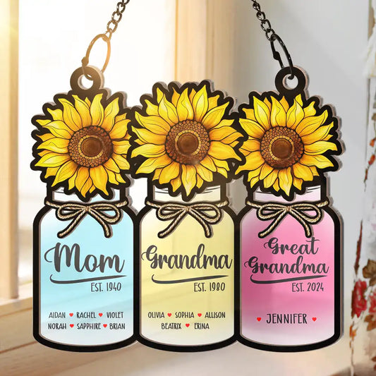 Flower Mason Jar Mom, Grandma, Great Grandma - Personalized Window Suncatcher Ornament