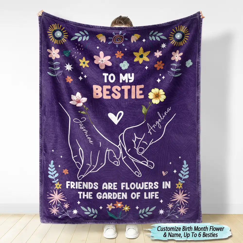 Gift For Sisters,Gift For Bestie,Love - Birth Flower Hands Holding As A Hug - Personalized Fleece Blanket, Sherpa Blanket