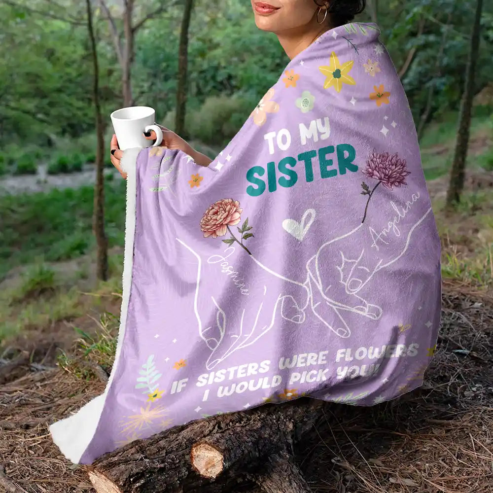 Gift For Sisters,Gift For Bestie,Love - Birth Flower Hands Holding As A Hug - Personalized Fleece Blanket, Sherpa Blanket